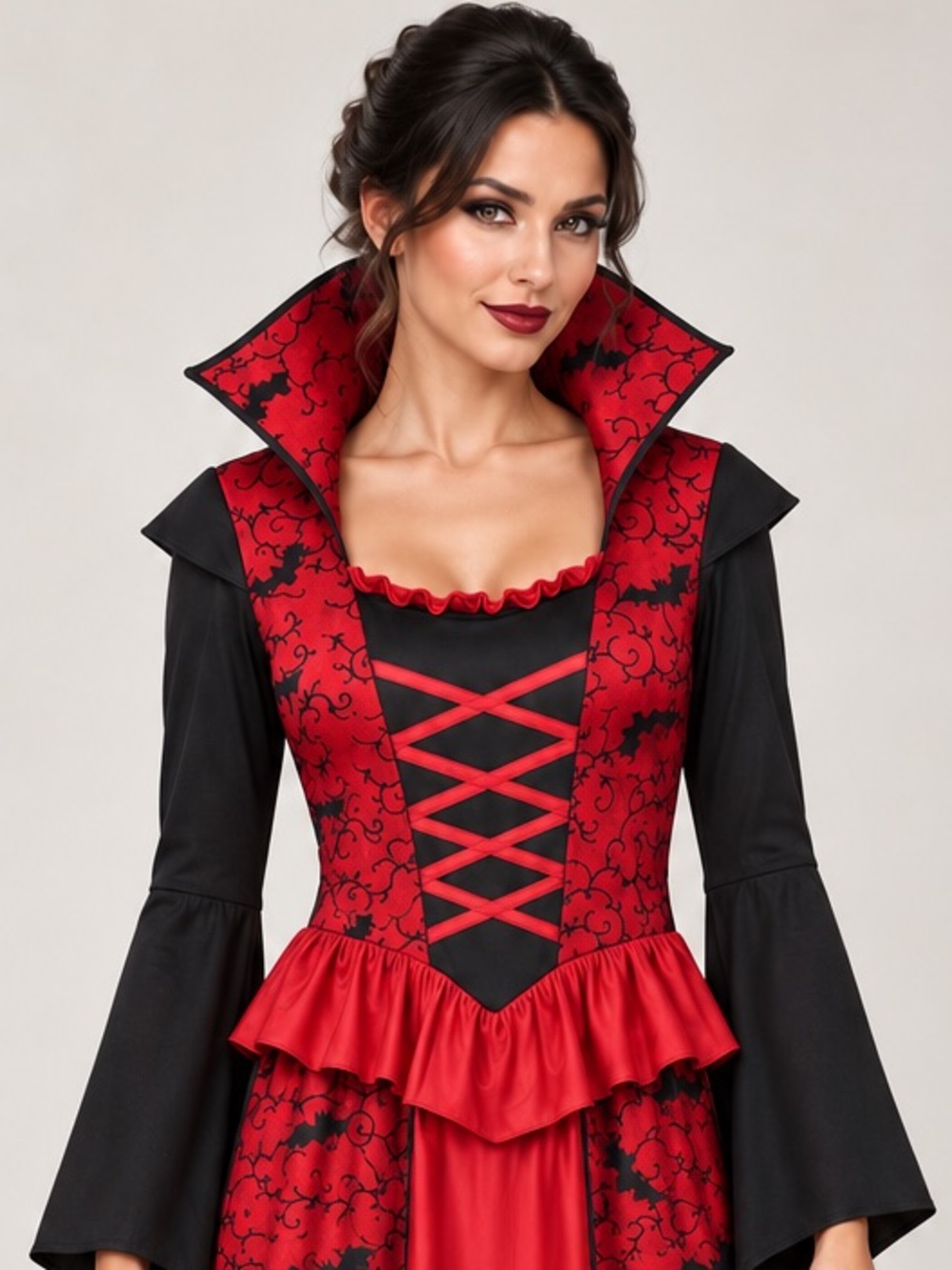 Vampire Bat Halloween Red and Black Gothic Lace-Up Maxi Costume Dress Size S